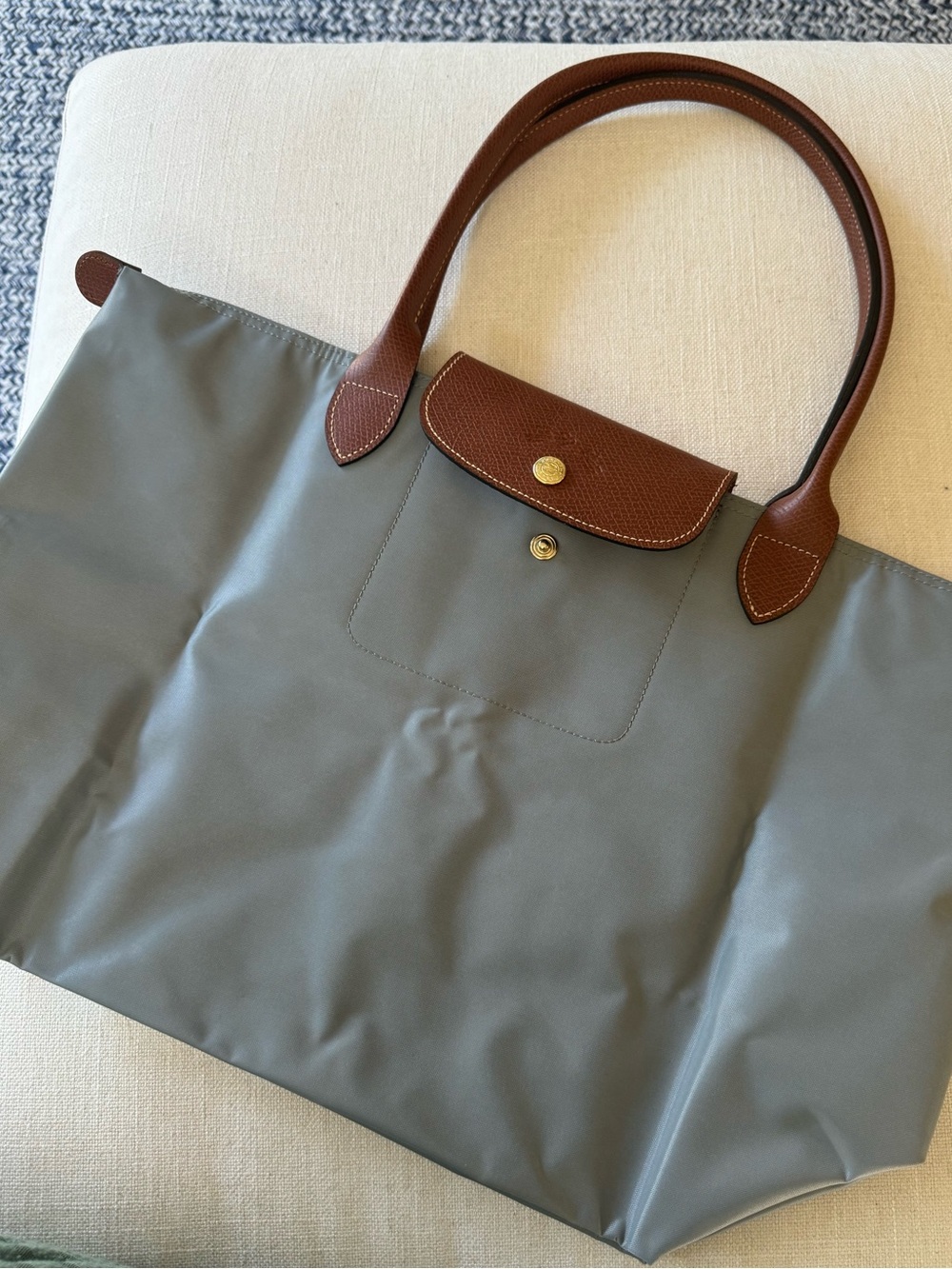 Longchamp Large Le Pliage Shoulder Tote Bag Steel Gray Brown Leather New